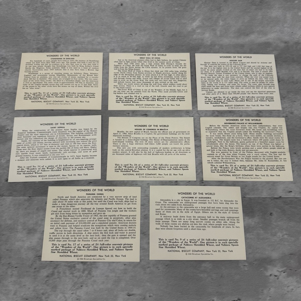 1960 National Biscuit Company Wonders Of The World Postcards Lot Of 8 - Picture 2 of 2